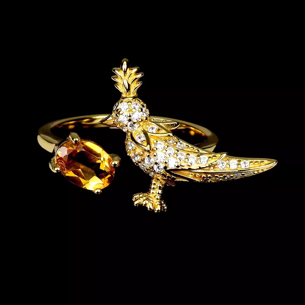 Hetty’S – Unieke – goldplated zilveren – ring – met vogel ( kuifmees) en edelstenen.