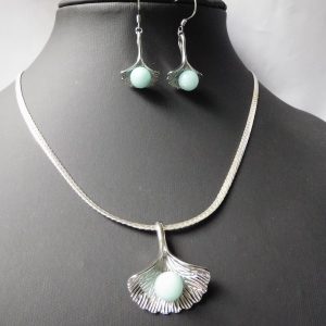 Hetty’S – Ravissante set – Ginkgo blad – Hanger – Collier – Oorhangers – Echt zilver – Amazoniet edelstenen –