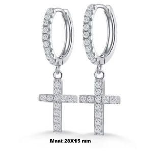 Lieve Kleine Oorringen met Kruisje – 925 Zilver – Moissaniet Edelstenen – Inclusief Certificaat – 28 x 15 mm Merk: Hetty’S