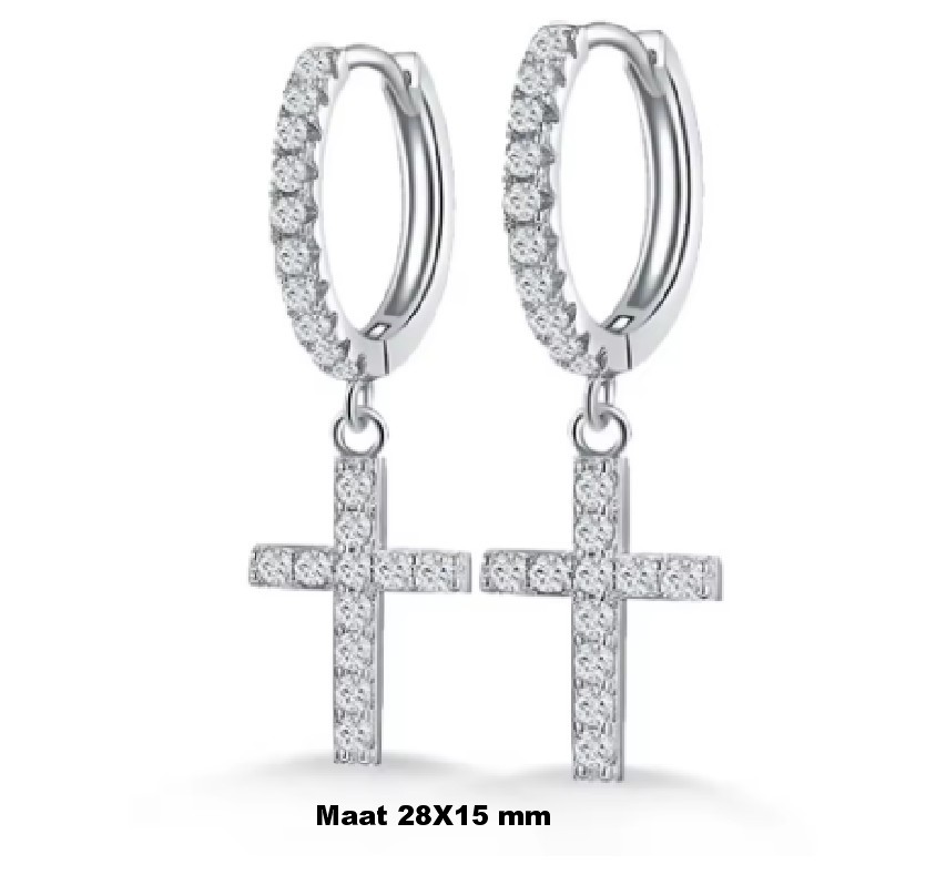 Lieve Kleine Oorringen met Kruisje – 925 Zilver – Moissaniet Edelstenen – Inclusief Certificaat – 28 x 15 mm Merk: Hetty’S