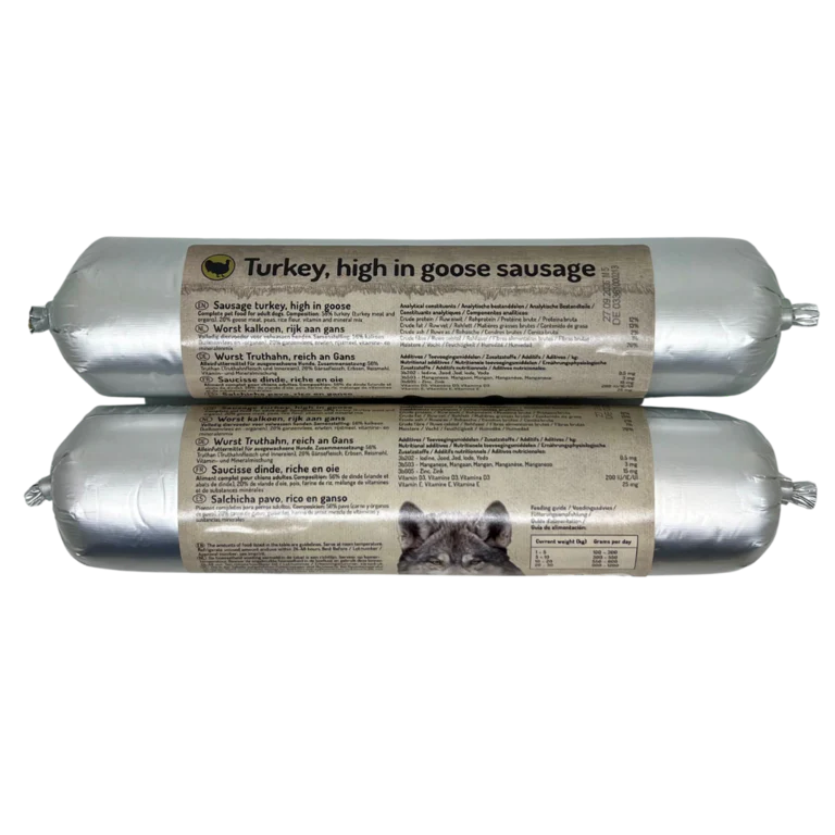 24×400 gram Honden voeding Carnis Gestoomde Worst Kalkoen/Gans