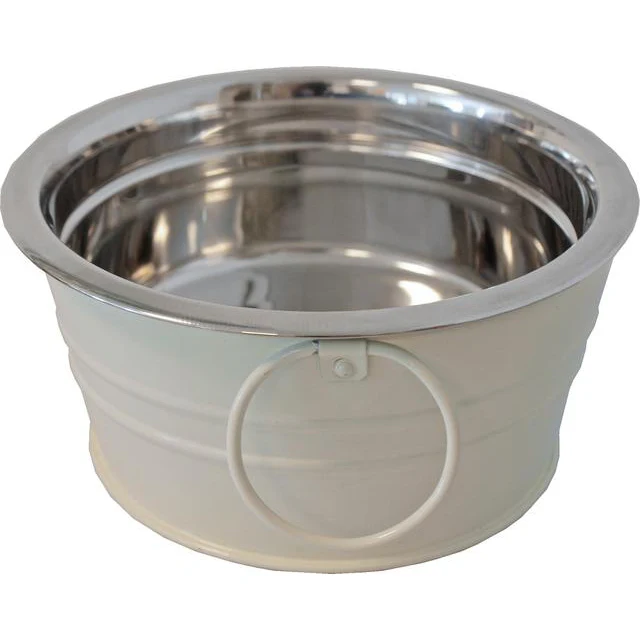 Katten voer/water bakken  RVS/metaal ‘Brocante’ crème, 16 cm.