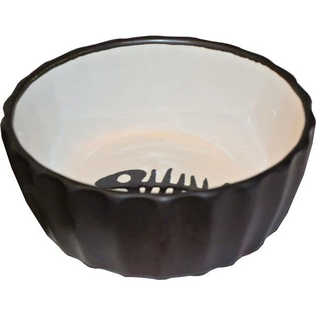 Katten voer/water bakken  zwart/wit met vis, Ø 11 cm