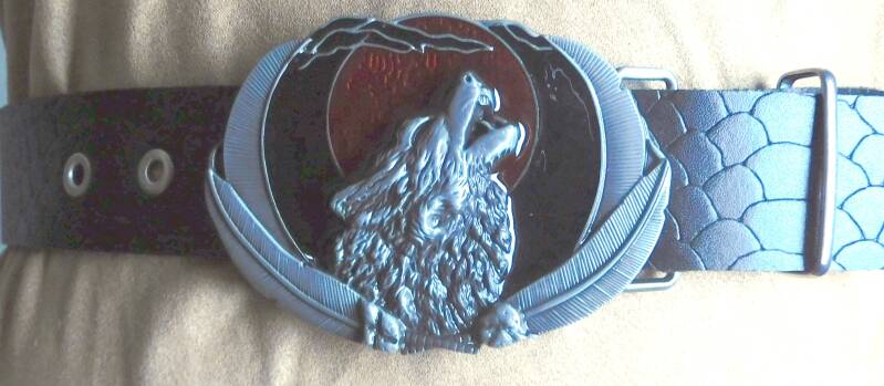Taille riem – zwart leer met slangenprint – gesp met wolf – maat 100 cm